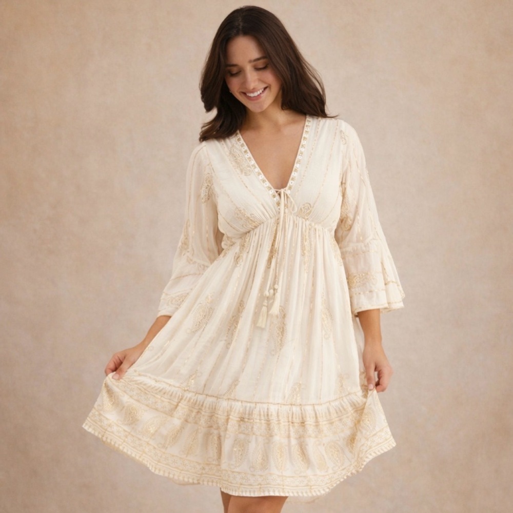 Cream Boho Paisley Dress with Tassels Sm-Md & Lg-Xl available. Boutique chic.